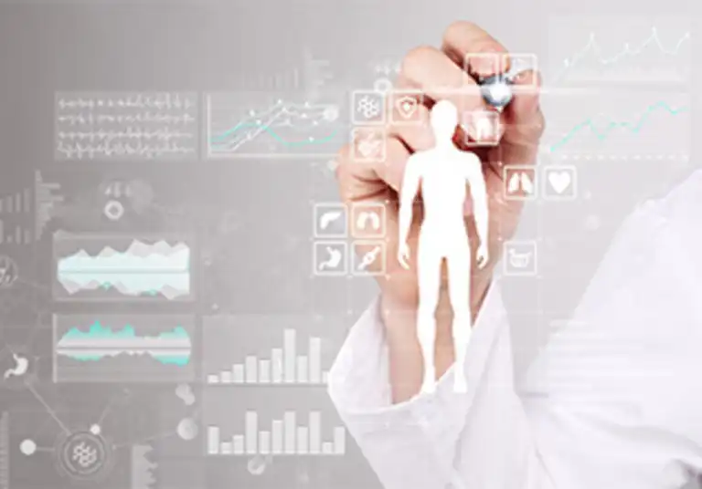 Doctor using modern computer with Medical record diagram on virtual screen concept. Health monitoring application.