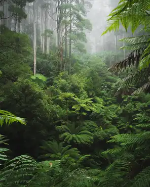 Lush Rainforest with morning fog