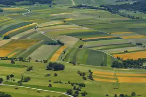 sommerliche Landschaft mit nachhaltiger Landwirtschaft, Ernte von kleinräumigen Feldern mit reifem Getreide, buntes Muster von Feldern, vielfältige Felderanordnung, Escape als Flucht aufs Land