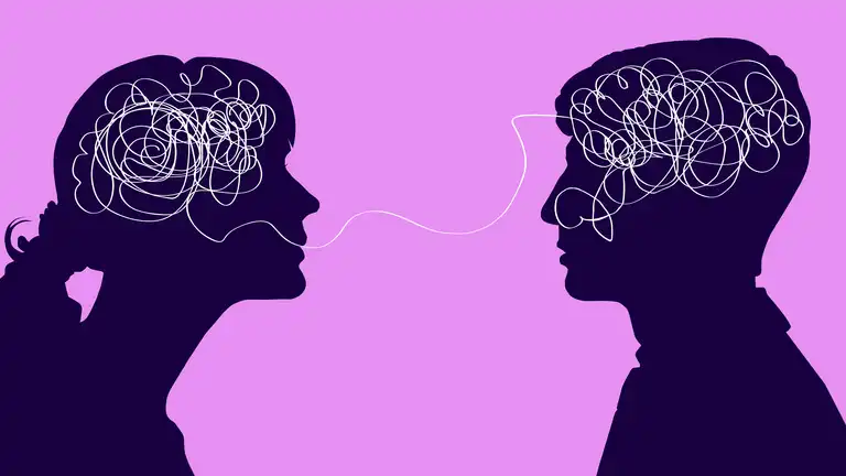 Dialogue between two people, confused thought concept. Communication between a man and a woman, problems in understanding.