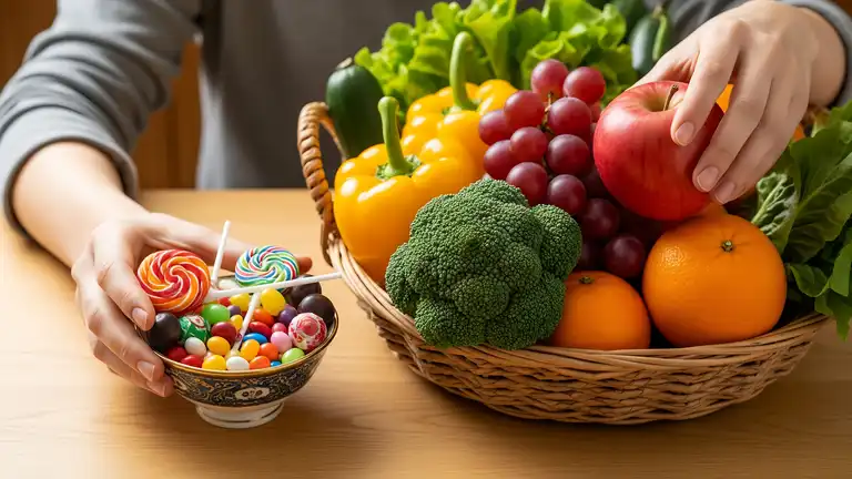 Die Hände einer Person, die entweder nach einer kleinen Schale mit bunten Bonbons oder nach einem großen Korb voller frischer, farbenfroher Obst- und Gemüsesorten greifen, veranschaulichen die Wahl zwischen gesunden und ungesunden Lebensmitteln.