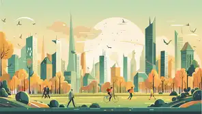 Beautiful modern eco friendly green city panoramic view with skyscrapers, park and people walking and cycling. Idilic place to live, city of the future concept illustration