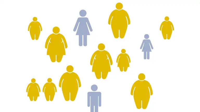 Stilisierte Grafik mit mehreren abstrahierten Personenfiguren in unterschiedlichen Körperformen und -größen; die Figuren sind in Gelb und Grau dargestellt und stehen verteilt auf weißem Hintergrund.