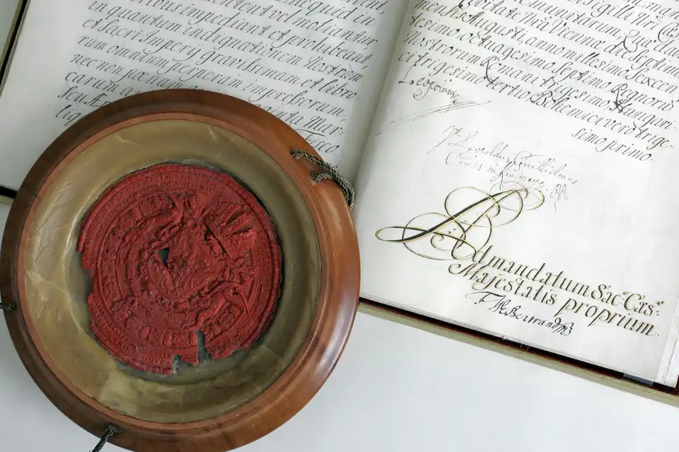 Das kaiserliche Privileg mit Siegel der Leopoldina von Kaiser Leopold I. aus dem Jahre 1677 