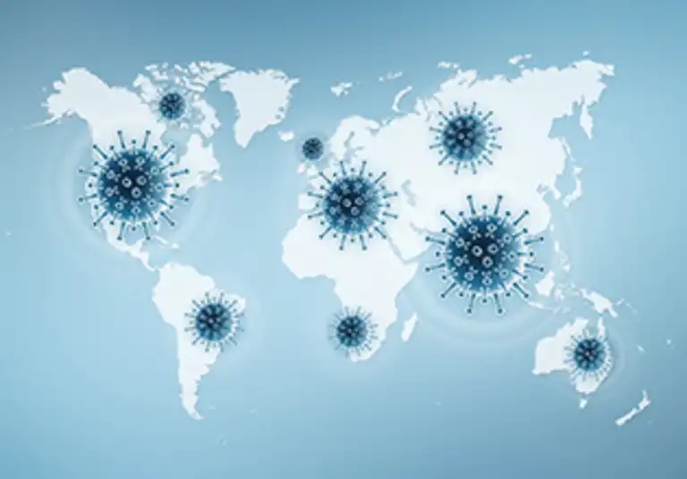 corona virus covid 19 protection concept, covid symbols icons on the world map in the blue background, copy space and web banner template