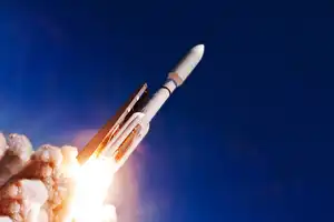 Launch of a space rocket into space. Elements of this image furnished by NASA