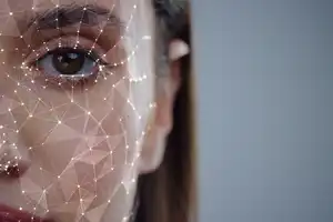 Face ID. Future. Half Face of Young Caucasian Woman for Face Detection. Brown Female Eye Biometrical Iris Scan Reading for Person Identification. Augmented Reality. 3D Technology Concept.