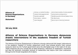 Alliance  of Science Organisations in Germany denounces drastic interventions in the academic freedom of Turkish researchers