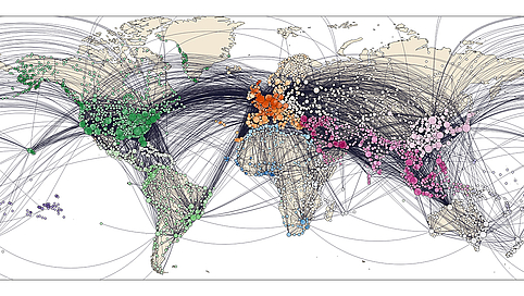 The worldwide air transportation network: a global host mobility network. Each node represents an airport location, the links between the nodes are connections between these airports. Due to increased global mobility, the geographical distance to the initial point of an outbreak often no longer correlates with the theoretically expected time of arrival at another location in the world. Mathematical models and algorithms take into account global connectivity. Computer simulations can be used to make statistical predictions on the spatio-temporal pattern of modern, global disease dynamics. Source: Dirk Brockmann, Humboldt-Universität zu Berlin / Robert Koch-Institut