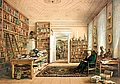 Chromolithographie „Alexander von Humboldt in seinem Bibliothekszimmer in Berlin in der Oranienburger Straße 67”, Aquarell, Eduard Hildebrandt, 1856